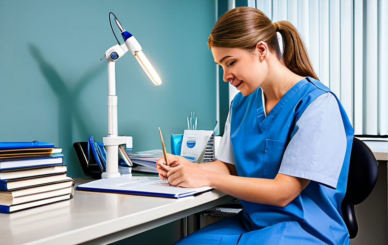 A dedicated professional dental hygiene student, fully clothed in modest, clean scrubs, deeply engrossed in studying intricate dental anatomy using textbooks and detailed models within a modern, well-lit dental training classroom. The student is surrounded by professional study tools and equipment, emphasizing a diligent learning environment. The image showcases perfect anatomy, correct proportions, a natural pose, well-formed hands, proper finger count, and natural body proportions. This scene is safe for work, appropriate content, and family-friendly, reflecting professional dress and high-quality, realistic photography.