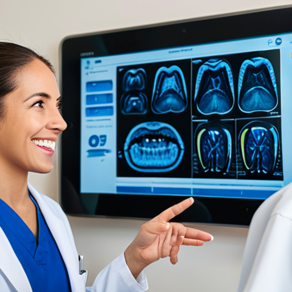 A compassionate professional dental hygienist, wearing modest scrubs and a clean lab coat, engaging in an empathetic conversation with a calm, fully clothed patient in a bright, modern dental office. The hygienist is pointing gently to an educational diagram on a tablet screen, explaining a concept clearly. The patient is listening attentively, with a relaxed posture. The environment features soft, inviting lighting and subtle, tasteful decor, fostering a sense of trust and comfort. Professional photography style, high resolution, soft focus, natural pose, perfect anatomy, correct proportions, well-formed hands, proper finger count, natural body proportions, safe for work, appropriate content, fully clothed, professional, family-friendly.