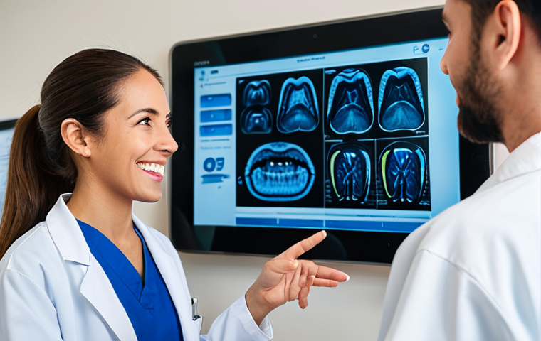 A compassionate professional dental hygienist, wearing modest scrubs and a clean lab coat, engaging in an empathetic conversation with a calm, fully clothed patient in a bright, modern dental office. The hygienist is pointing gently to an educational diagram on a tablet screen, explaining a concept clearly. The patient is listening attentively, with a relaxed posture. The environment features soft, inviting lighting and subtle, tasteful decor, fostering a sense of trust and comfort. Professional photography style, high resolution, soft focus, natural pose, perfect anatomy, correct proportions, well-formed hands, proper finger count, natural body proportions, safe for work, appropriate content, fully clothed, professional, family-friendly.