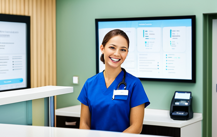 Modern Dental Clinic Reception**

"A brightly lit, modern dental clinic reception area, featuring a friendly receptionist in professional attire interacting with a smiling, fully clothed patient. The scene should convey a sense of trust and efficiency. A computer screen displays a patient portal interface. Soft, diffused lighting, appropriate content, safe for work, perfect anatomy, natural proportions, professional photography, high quality."

**