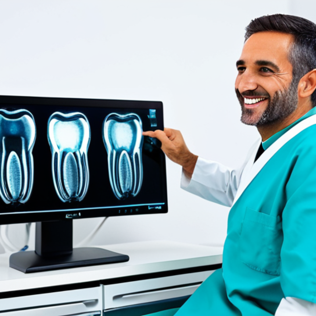 치과위생사 해외 연수 경험담 - **
"A professional dentist in a modern Spanish dental clinic, examining digital X-rays on a large m...