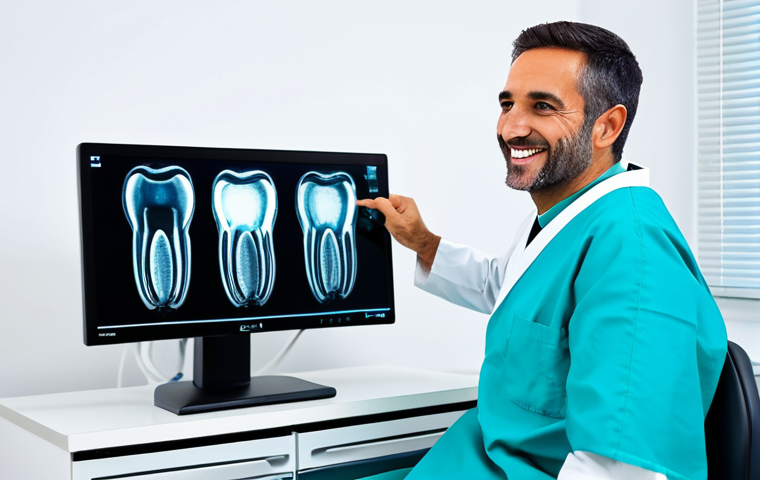 치과위생사 해외 연수 경험담 - **

"A professional dentist in a modern Spanish dental clinic, examining digital X-rays on a large m...