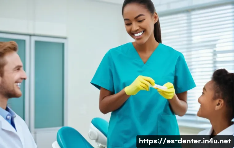 치과위생사 병원 마케팅 참여 사례 - A warm, authentic dental hygienist in professional attire demonstrating proper tooth brushing techni...