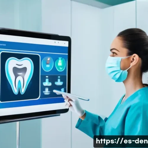 치과위생사 업무 효율화 기술 - A modern dental clinic interior with a female dental hygienist using a sleek tablet to input patient...