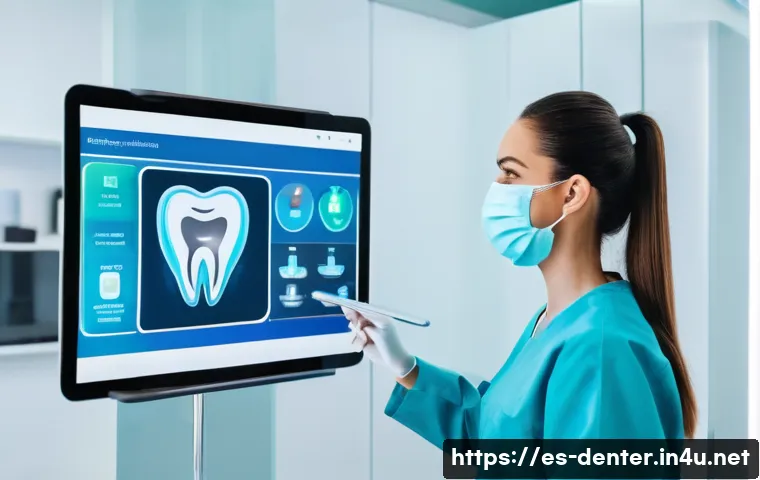 치과위생사 업무 효율화 기술 - A modern dental clinic interior with a female dental hygienist using a sleek tablet to input patient...