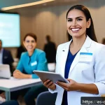 치과위생사 해외 학술대회 준비 - A professional Hispanic dental hygienist attending an international dental congress in a modern conf...