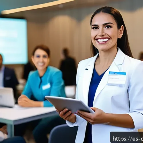 치과위생사 해외 학술대회 준비 - A professional Hispanic dental hygienist attending an international dental congress in a modern conf...