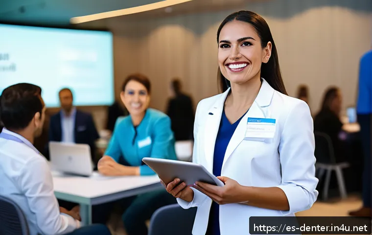 치과위생사 해외 학술대회 준비 - A professional Hispanic dental hygienist attending an international dental congress in a modern conf...
